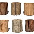 Six Wooden Tree Stump Stools With Various Natural Wood Grain Colors