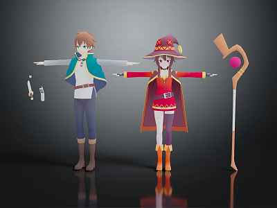 Anime Game And Movie Characters Wearing Blue Green Red Outfits With Hat Staff And Bottles 3d model