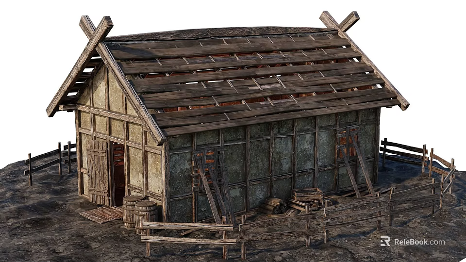 Ancient Traditional Building with Wooden Roof and Beams Surrounded by Fence and Tools 3d model 