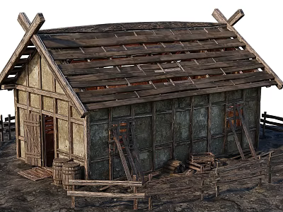 Ancient Traditional Building with Wooden Roof and Beams Surrounded by Fence and Tools 3d model