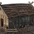 Ancient Traditional Building with Wooden Roof and Beams Surrounded by Fence and Tools