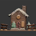 Cartoon Gingerbread House With Snowy Roof Chimney Fence And Small Trees
