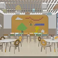 School Classroom With Yellow Wall Building Block Patterns Tree Cartoon Character And Tables Chairs