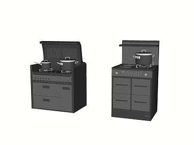 Modern Integrated Kitchen Appliances With Stovetops Pots And Storage Drawers 3d model