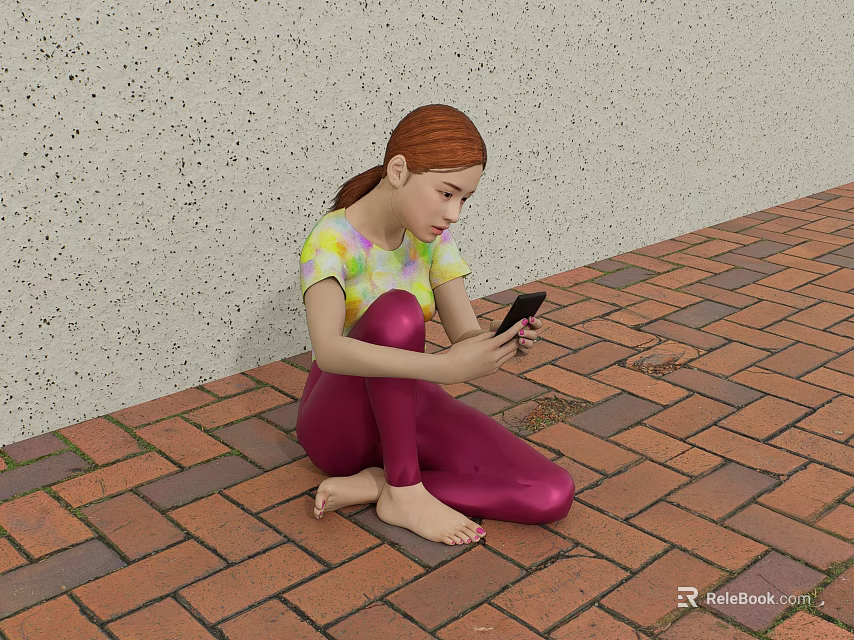 Red Haired Woman In Colorful Top And Purple Leggings Sitting On Brick Pavement Using Smartphone 3d model 