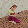 Red Haired Woman In Colorful Top And Purple Leggings Sitting On Brick Pavement Using Smartphone