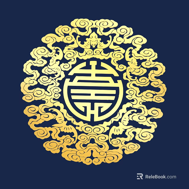 Golden Circular Carving Featuring Longevity Character Surrounded By Intricate Cloud Patterns On Dark Blue Background 3d model 