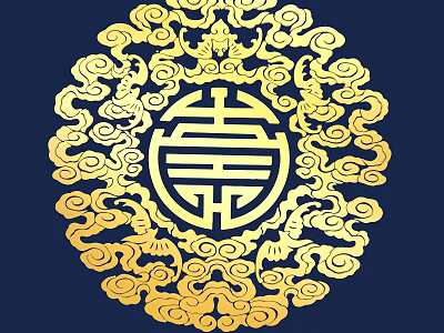 Golden Circular Carving Featuring Longevity Character Surrounded By Intricate Cloud Patterns On Dark Blue Background 3d model