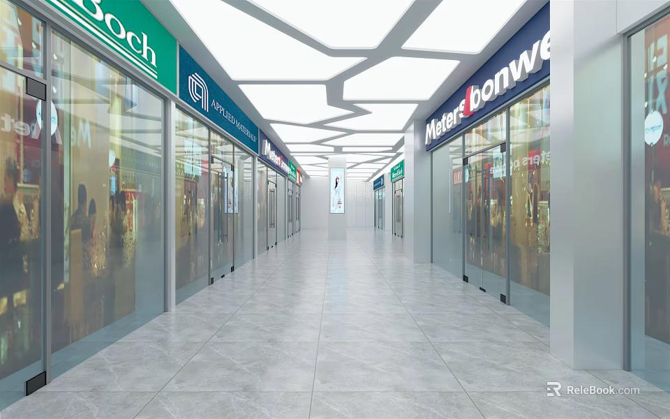 Commercial Street With Glass Storefronts Brand Signs And Modern Corridor Design 3d model 