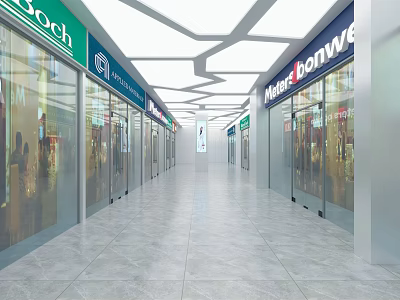 Commercial Street With Glass Storefronts Brand Signs And Modern Corridor Design 3d model