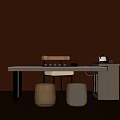 Modern Wooden Tea Table With Two Stools And Tea Set In Warm Tones 3d model