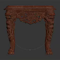 Traditional Red Wooden Table With Intricate Carvings On Legs And Frame