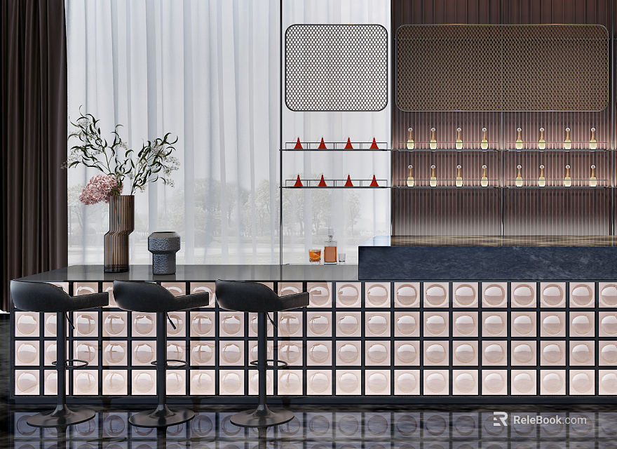 Elegant Modern Reception Desk Interior With Black Counter And Decorative Vase 3d model 