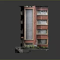 Miniature Red Multi Story Building Model With Windows Entrance And Green Plants