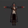 Character In Hooded Robe With Red Cuffs And Equipped Gear Standing Arms Outstretched
