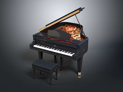 Black Grand Piano With Open Lid Wooden Bench And Metal Strings 3d model