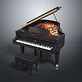 Black Grand Piano With Open Lid Wooden Bench And Metal Strings