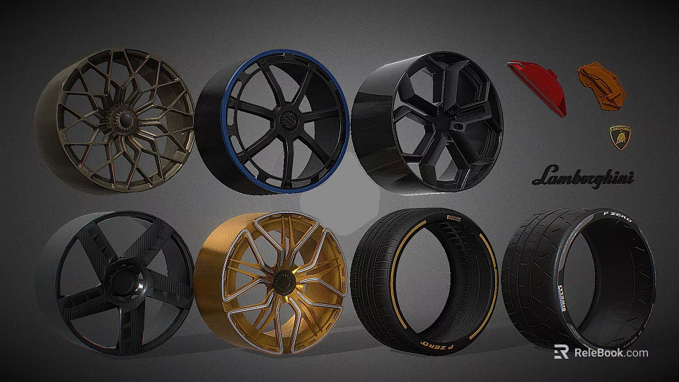Premium Lamborghini Inspired Wheels and Tires With Gold Black Blue Rims And Stylish Patterns 3d model 