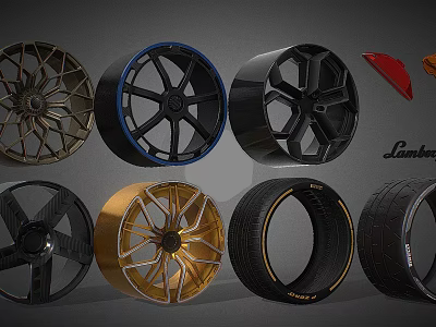 Premium Lamborghini Inspired Wheels and Tires With Gold Black Blue Rims And Stylish Patterns 3d model