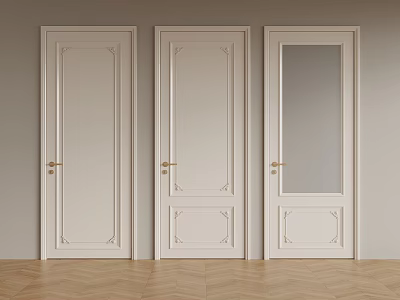 White Decorative Doors With Glass Panel And Golden Handles Light Gray Wall Wooden Herringbone Floor 3d model