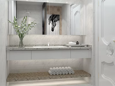 Modern Bathroom Cabinet Rack With Marble Countertop Wall Mounted Design And Mirror Storage 3d model