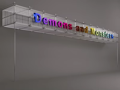 Art Installation with Metal Grid Structure Featuring Colorful Letters Displaying Demons and Monsters Text 3d model