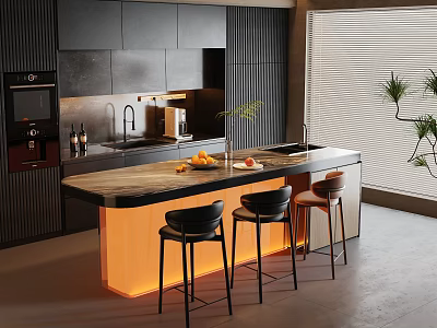 Modern Kitchen Interior With Black Cabinets Island Orange Lighting Bar Stools And Plants 3d model