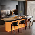 Modern Kitchen Interior With Black Cabinets Island Orange Lighting Bar Stools And Plants