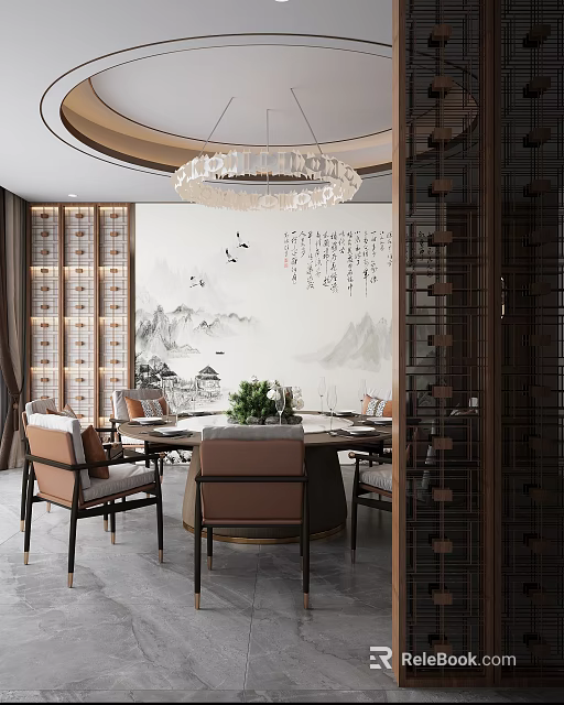 Chinese Style Private Dining Box With Round Table Murals And Chandelier 3d model