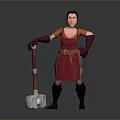 Woman Wearing Red Apron And Gloves Holding Metallic Hammer Standing