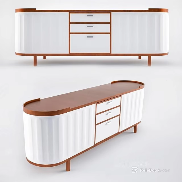 Modern TV Stand With White Panel Cabinet Wooden Top And Functional Drawers Storage Design 3d model 