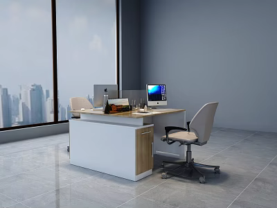 Modern Office Desk With Computer Monitors Office Chair And City View Through Large Window 3d model