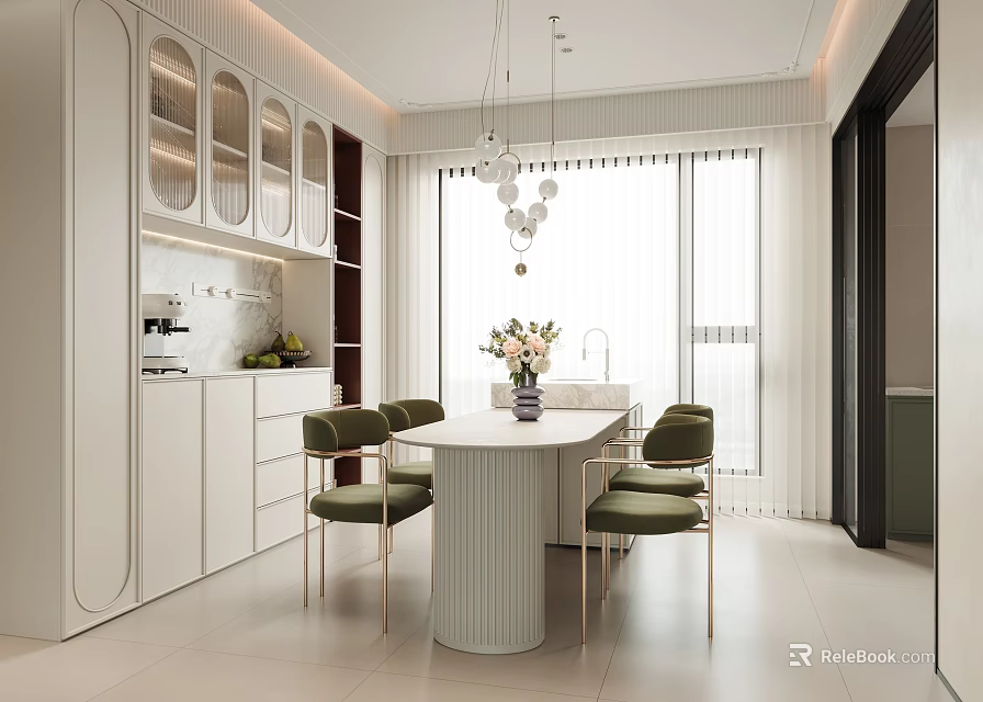 Modern Elegant Dining Room Interior Design With Round Table Green Chairs And Hanging Lights 3d model 