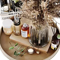 Elegant Decorative Ornament Set With Candles Dried Flowers Green Plants And Glass Vases