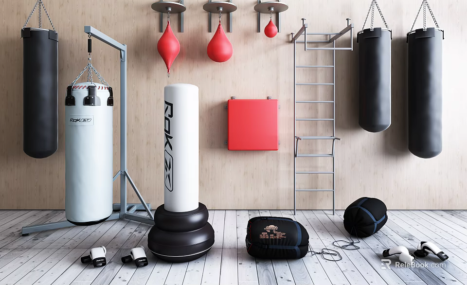 Sports Equipment Featuring Standing Punching Bag Hanging Red PearShaped Punch Bags Wall Racks Training Gear 3d model 