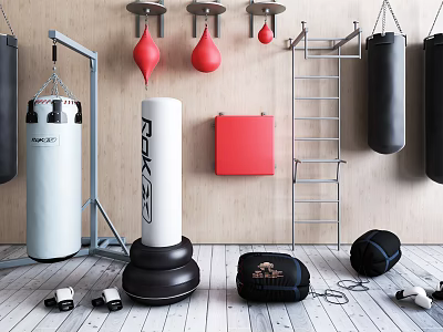 Sports Equipment Featuring Standing Punching Bag Hanging Red PearShaped Punch Bags Wall Racks Training Gear 3d model