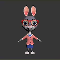 Cute Cartoon Rabbit Character Wearing Red Glasses In Pink Coat And Blue Skirt