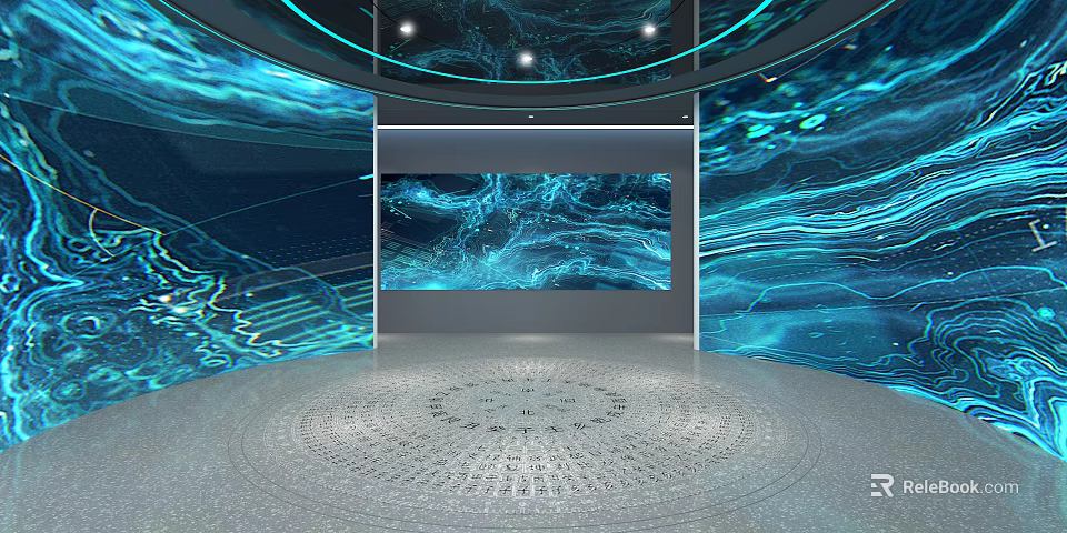 Digital Art Exhibition Space With Circular Floor Blue Wave Patterns And Ambient Lighting 3d model
