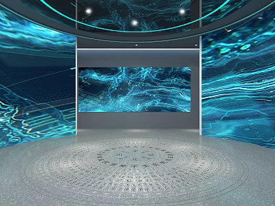 Digital Art Exhibition Space With Circular Floor Blue Wave Patterns And Ambient Lighting 3d model