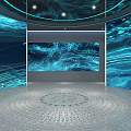 Digital Art Exhibition Space With Circular Floor Blue Wave Patterns And Ambient Lighting 3d model
