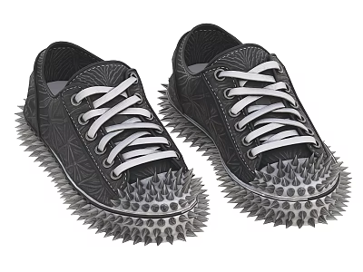 Black Spiked Shoes With White Laces And Metal Spikes On Sole And Toe 3d model