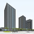 Modern High Rise Office Buildings With Green Landscaping And Surrounding Trees