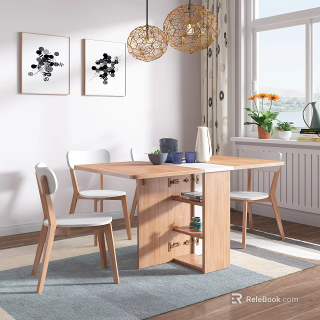 Modern Wooden Dining Table with Four Chairs Decorative Items Wall Art Pendant Light and Plants 3d model 