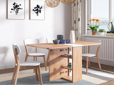 Modern Wooden Dining Table with Four Chairs Decorative Items Wall Art Pendant Light and Plants 3d model