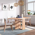 Modern Wooden Dining Table with Four Chairs Decorative Items Wall Art Pendant Light and Plants