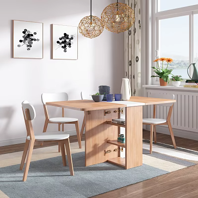 Modern Wooden Dining Table with Four Chairs Decorative Items Wall Art Pendant Light and Plants 3d model