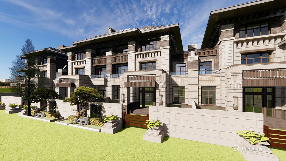 Modern Townhouse Exterior Design With Stone Facade Balconies And Courtyard Greenery 3d model 