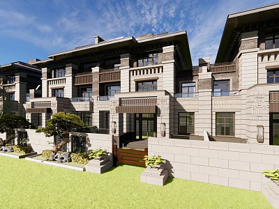Modern Townhouse Exterior Design With Stone Facade Balconies And Courtyard Greenery 3d model