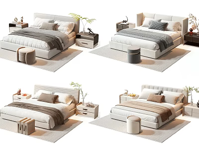 Modern Double Bed Interior Design With Bedding Pillows Nightstands Stools Rugs And Green Plants 3d model