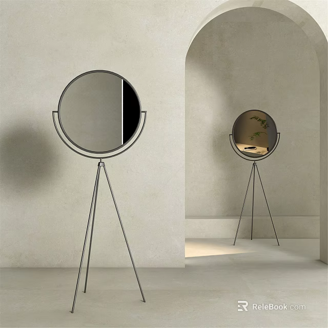 Round Floor Mirror With Tripod Metal Stand In Minimalist Interior Design 3d model 